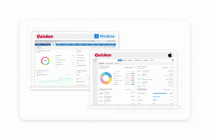 Animated rotating spending pie charts on both Mac and Windows Quicken user interfaces on laptops