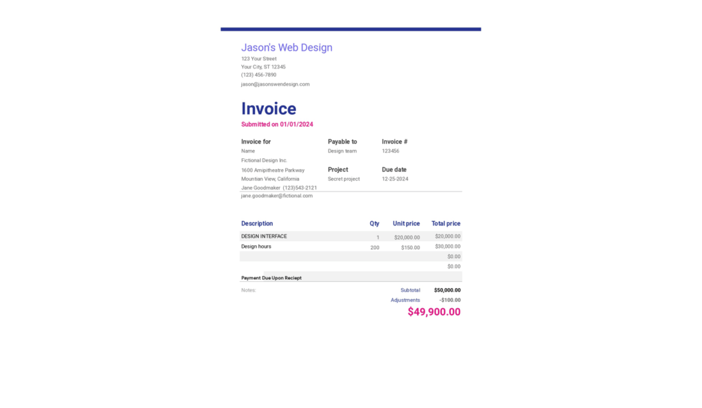 A simple invoice made with Google Sheets.