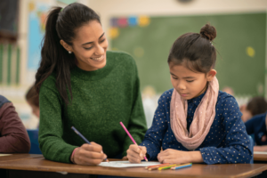 Teacher Helping a Student with her Coloring.