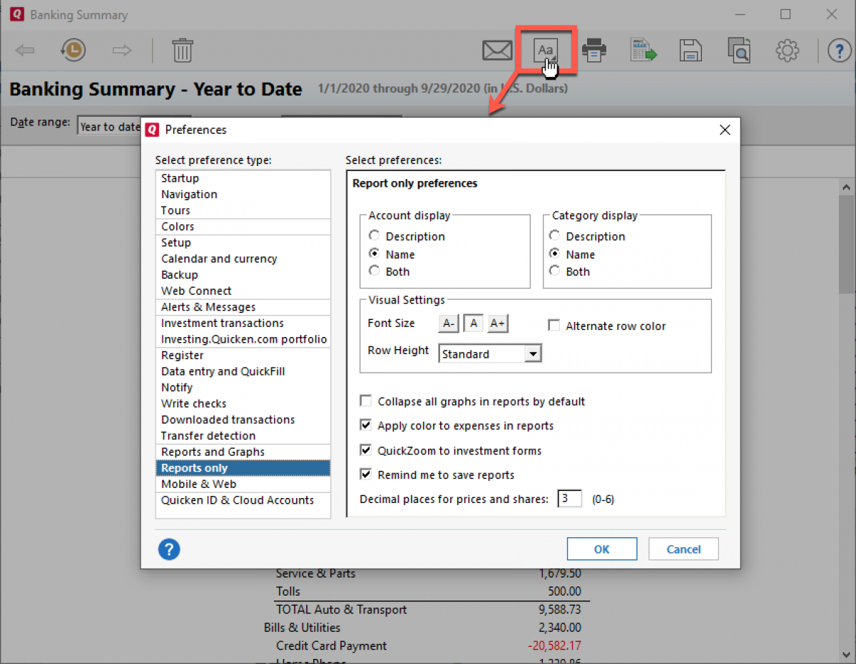 make printed reports in smaller font, quicken for mac 2016